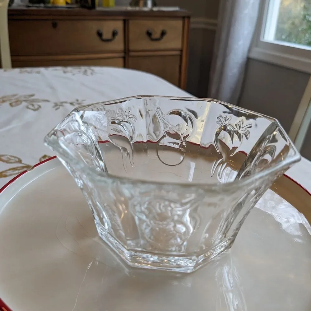 Vintage Ramekin Bowl MCM Glass Octagon 4 inch Embossed Fruits Vegetables 1950s
